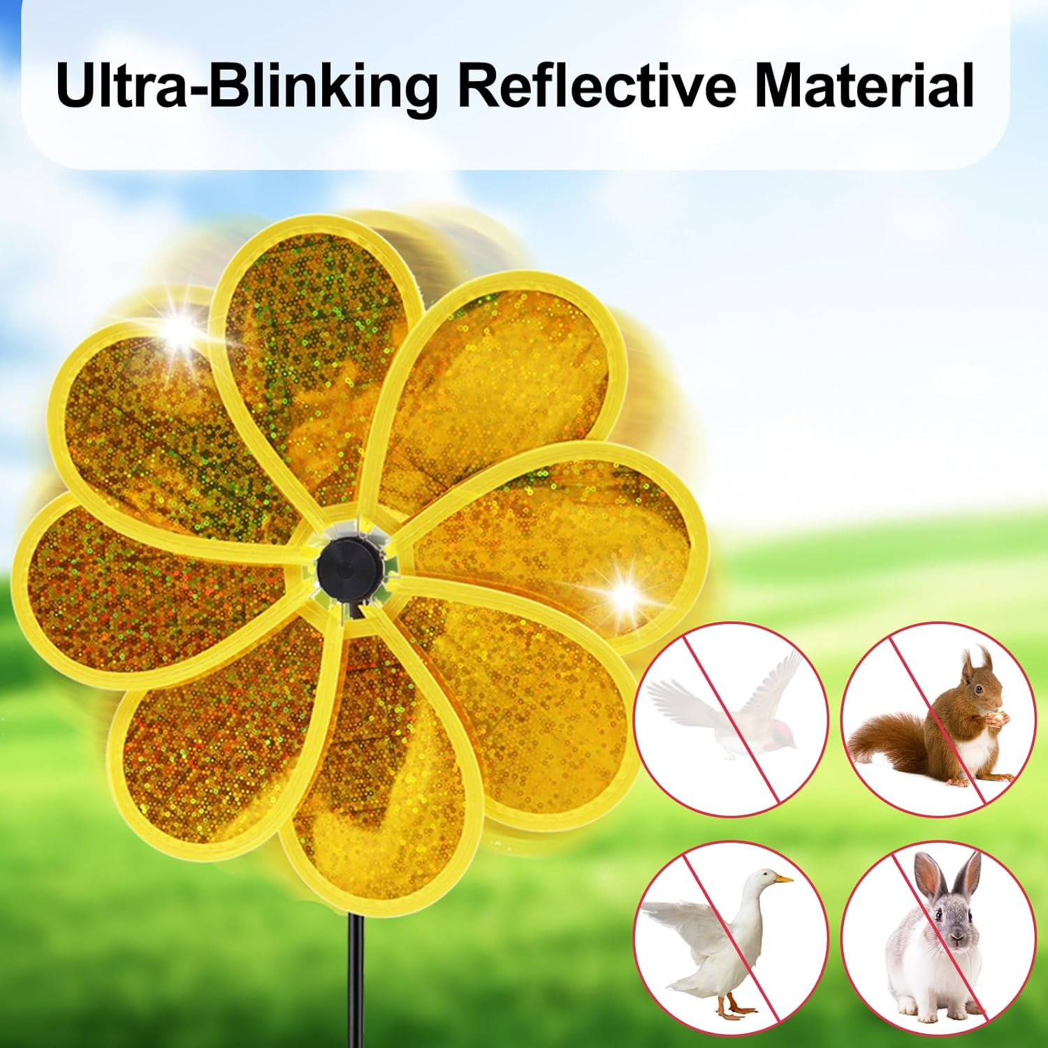 4PCS Flower Wind Spinner Sparkly Lawn Pinwheel 11.8 inch Yellow Garden Windmill for Garden, Party, Outdoor, Yard Decor