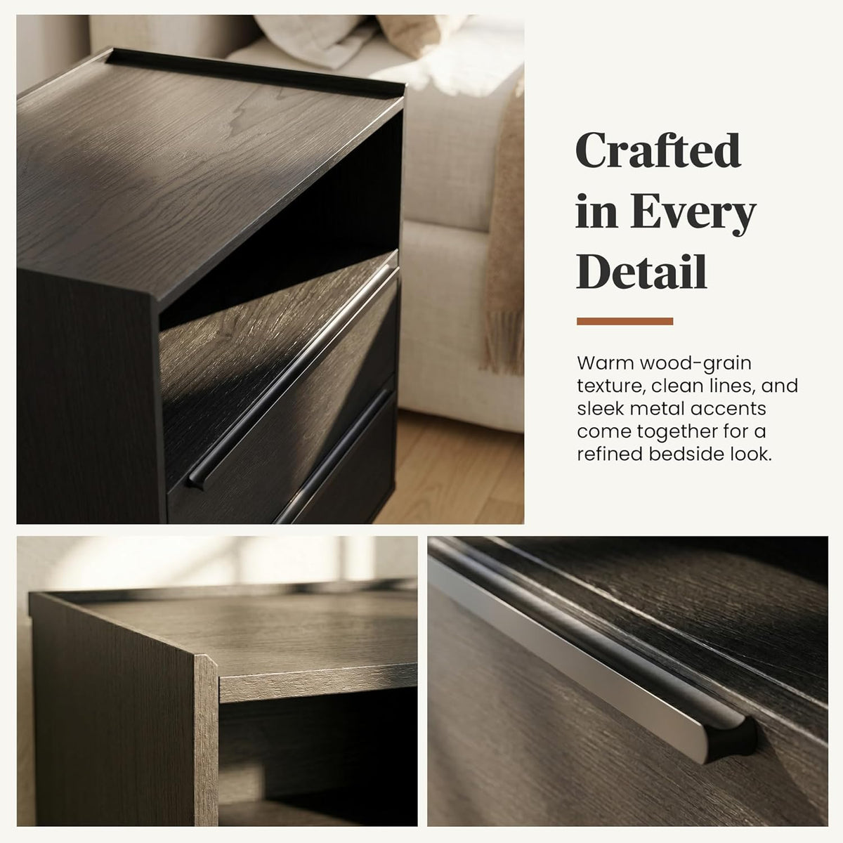 26 Inch Tall Black Oak Nightstands Set of 2 with Charging Station | Matching pair for a streamlined bedroom look; each 24 inch wide table has tray top, open shelf, and 2 drawers