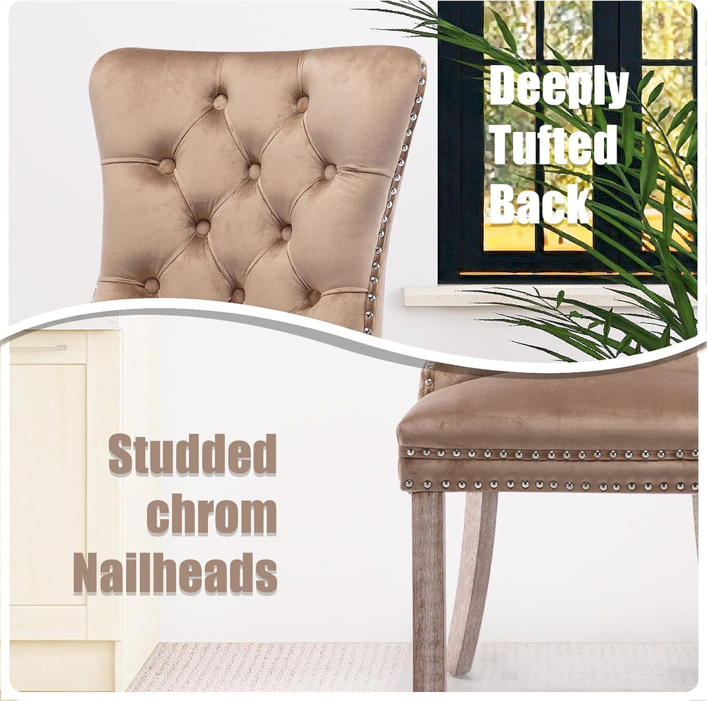 SoarFlash Velvet Dining Chairs Set of 4, Tall Back Side Chair, Modern Upholstered High-end Tufted Side Chair with Button Back Ring, Solid Wood Legs (Khaki)