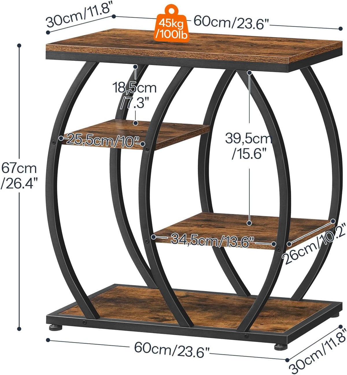HOOBRO Industrial End Table, 4 Tier End Table with Storage Shelves, Small Side Table with Geometric Metal Frame, Night Stand for Living Room, Bedroom, Office, Rustic Brown and Black BF164BZ01