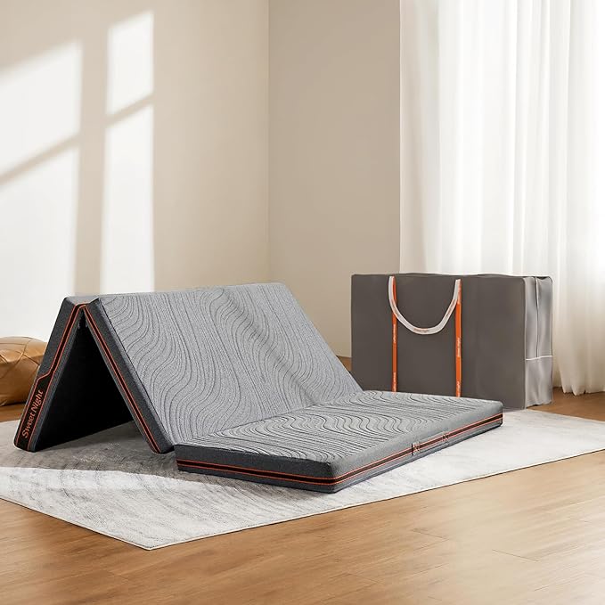Sweetnight Trifold Mattress with Carry Bag - 4 Inch Portable Floor Mattress with Breathable & Washable Cover | Foldable Mattress Topper for Travel, Camping, Guest Grey Queen