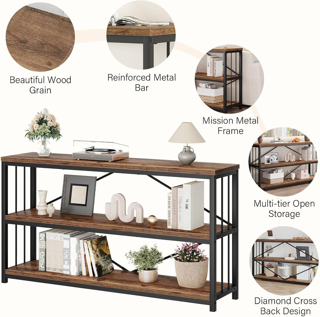 LVB Industrial Console Entryway Table, Metal Wood Rustic Brown, 55 in | Farmhouse 3 Tier Shelf Long Hallway Foyer Entry Tables Behind Couch, Sofa Table for Home Living Room Entryway