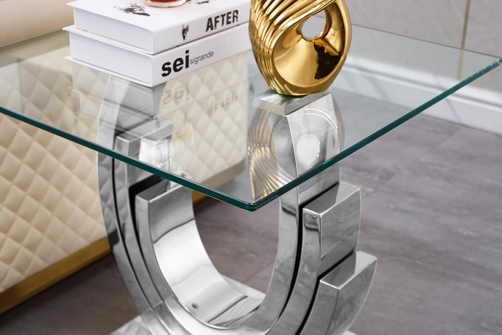 Luxury Silver Glass End Table Modern Square Sofa Side Table with Mirrored Stainless Steel Base and Clear Glass Top for Living Room Home Office Bedroom Table (Silver)
