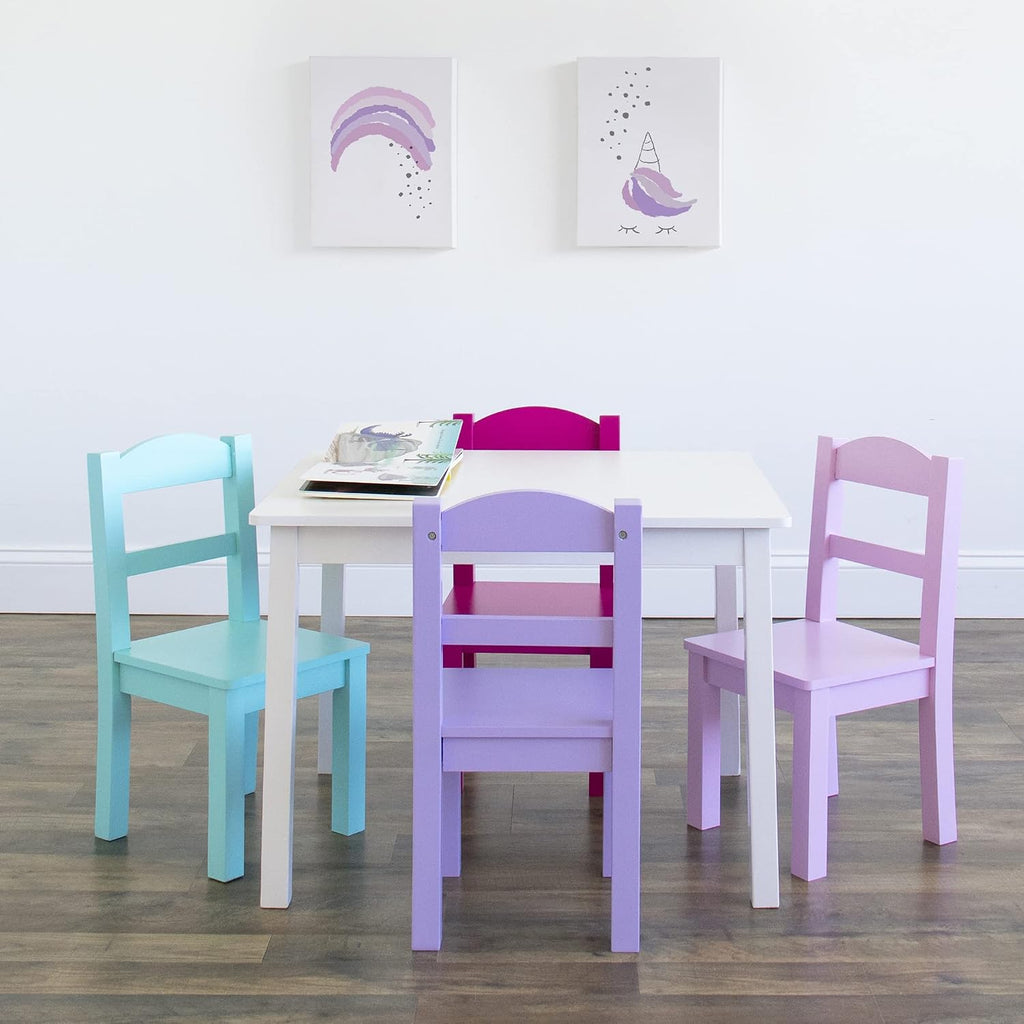 Humble Crew Tot Tutors Wood Table & 4 Chairs Set-White, Pink, Purple Forever Collection & White/Blue/Pink/Purple Extra-Large Toy Organizer, 16 Storage Bins