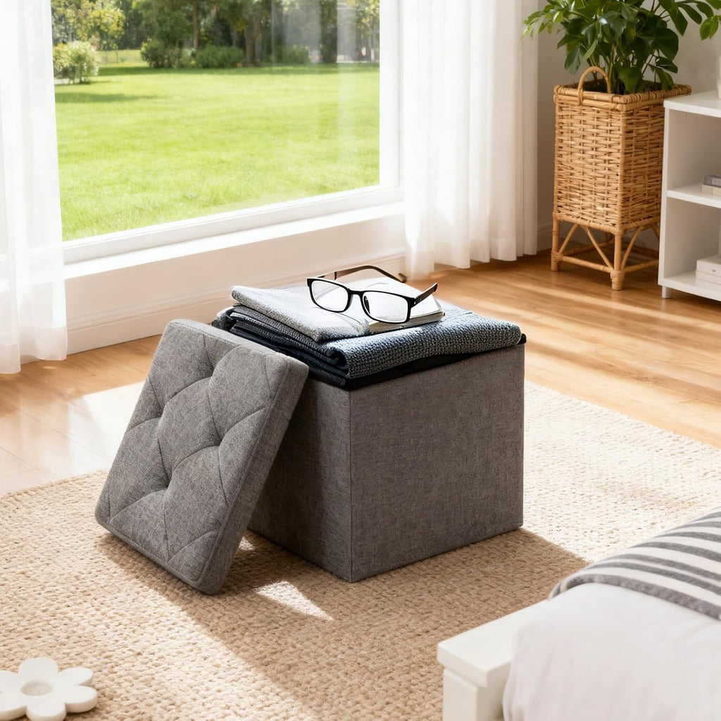 15 Inches Ottoman with Storage, Folding Storage Ottoman Bench Set, Storage Chest for Entryway, Living Room, Support 500LBS, Grey