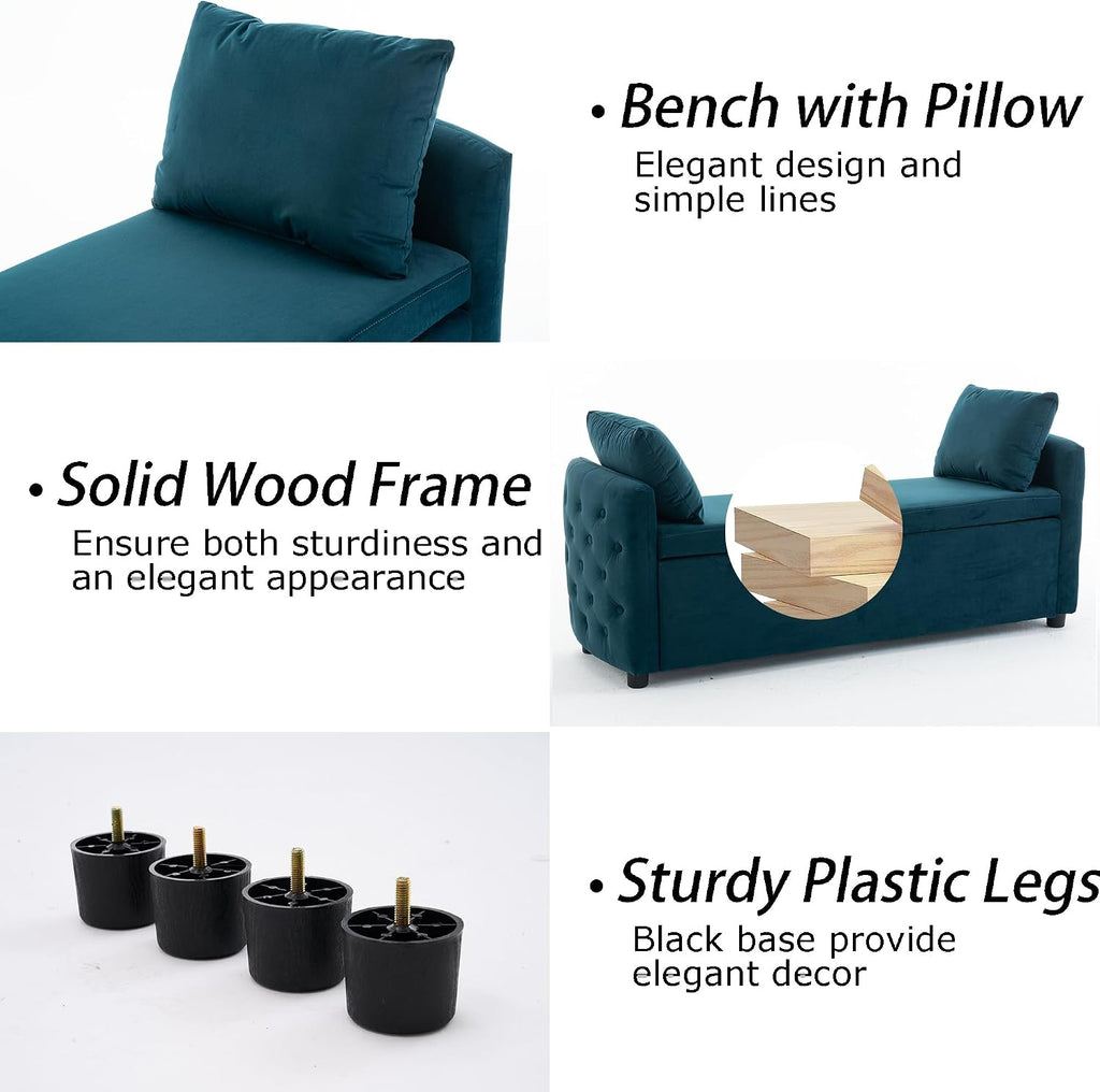 Storage Bench for Bedroom, 60" End of Bed Bench for King Size Bed,Tufted Bench Modern Upholstered Long Ottoman Bench with Arm (Teal, Velvet-60 Wide)