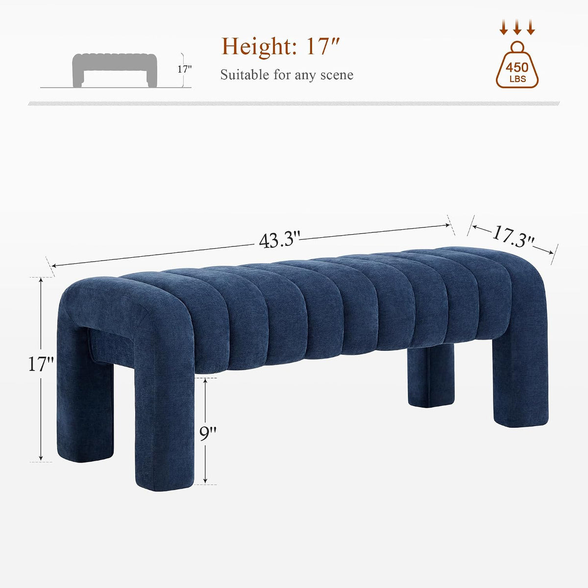 43’’ Bedroom Bench, Upholstered End of Bed Bench with Solid Wood Legs, Modern Small Dining Bench with Full Covered Fabrics for Entryway, Bedroom, Living Room (Blue, Chenille)