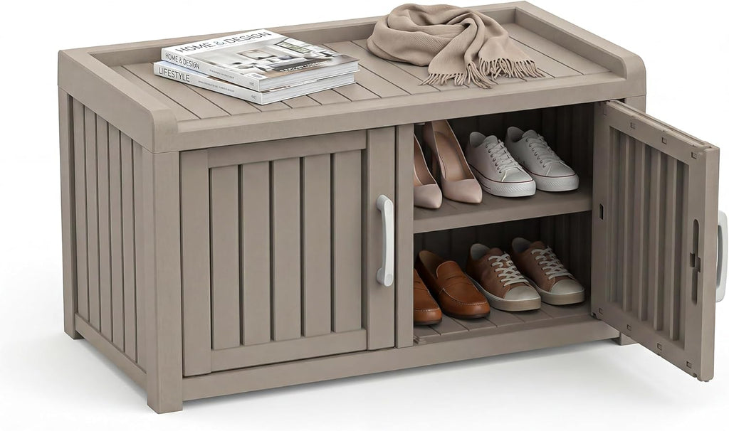 2-Tier Storage Bench, Waterproof UV-Resistant Outdoor Shoe Storage Cabinet, Outdoor Shoe Rack with 2 Doors & Adjustable Shelves for Indoor Outdoor Entryway, Hallway, Living Room (Grey)