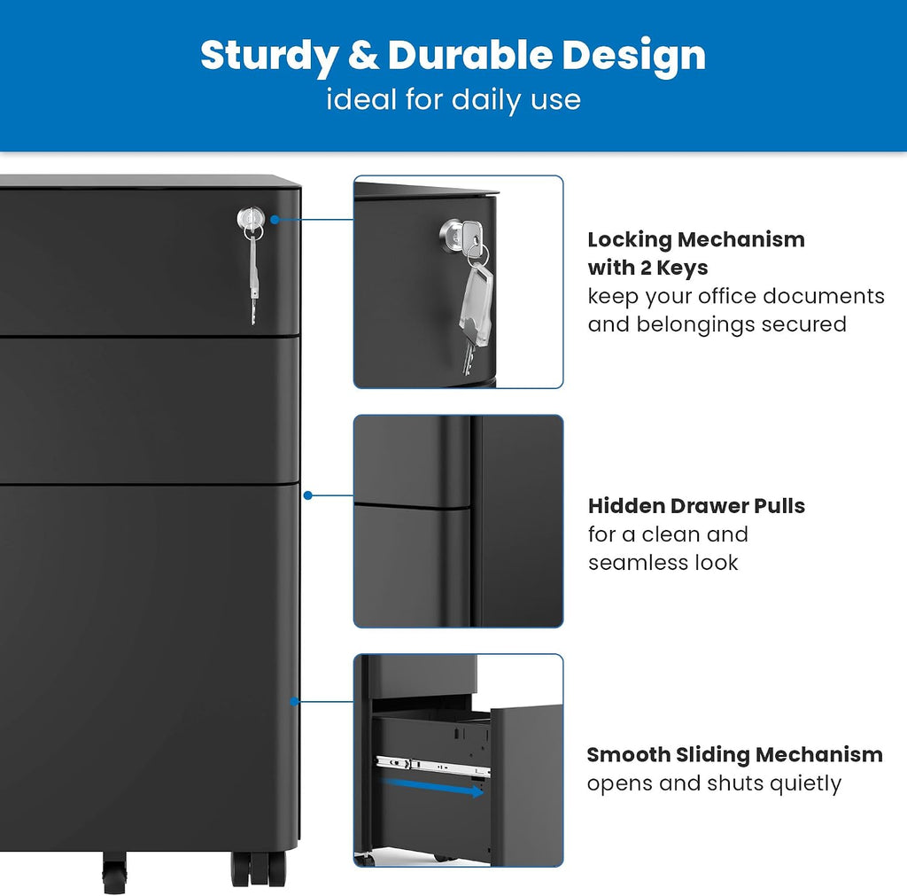 Mount-It! Slim 3 Drawer Rolling File Cabinet with Lock, Mobile Metal Filing Cabinet on Wheels for Under Desk Home & Office Storage, Letter Legal A4, Black