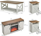 AMERLIFE 5-Piece Farmhouse Table Set Includes Fireplace TV Stand, Coffee Table& Two End Tables with Charging Station and USB Ports, for Living Room, Distressed White, 63"
