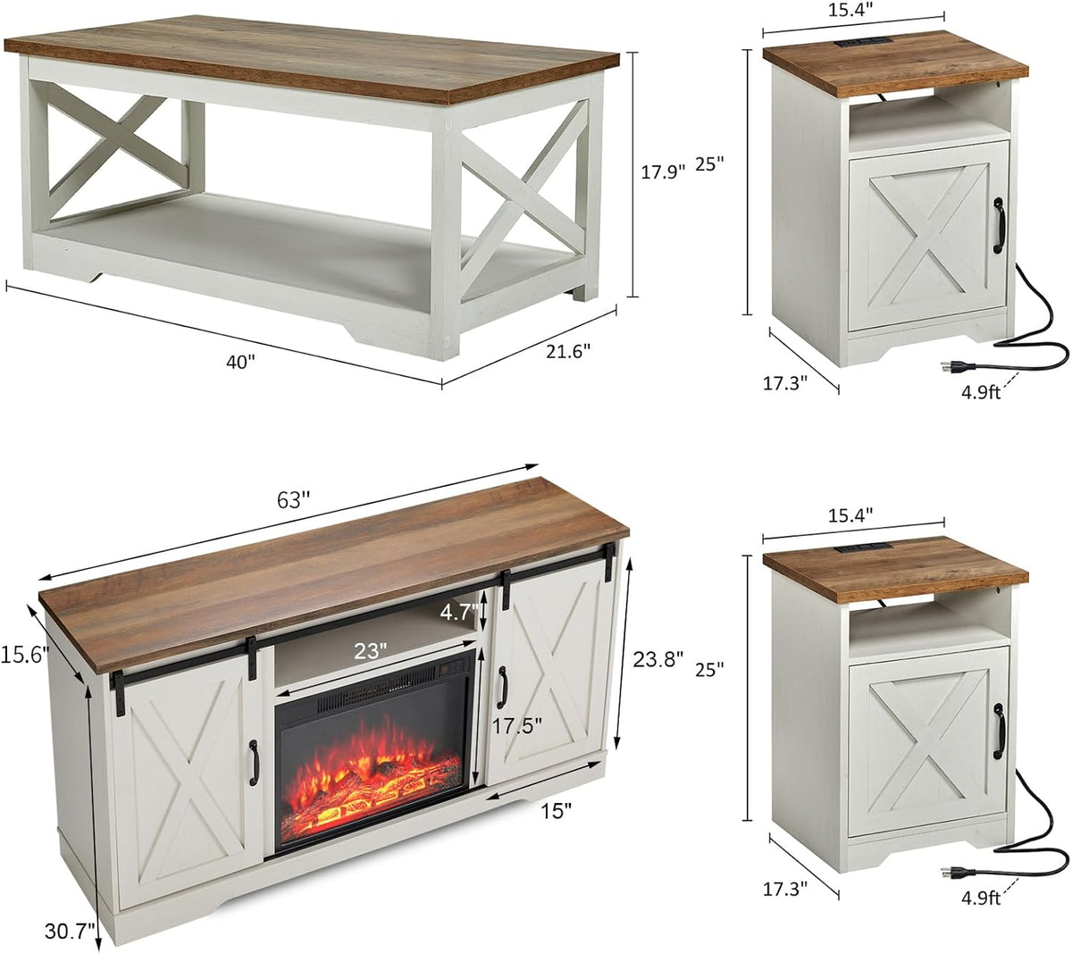 AMERLIFE 5-Piece Farmhouse Table Set Includes Fireplace TV Stand, Coffee Table& Two End Tables with Charging Station and USB Ports, for Living Room, Distressed White, 63"