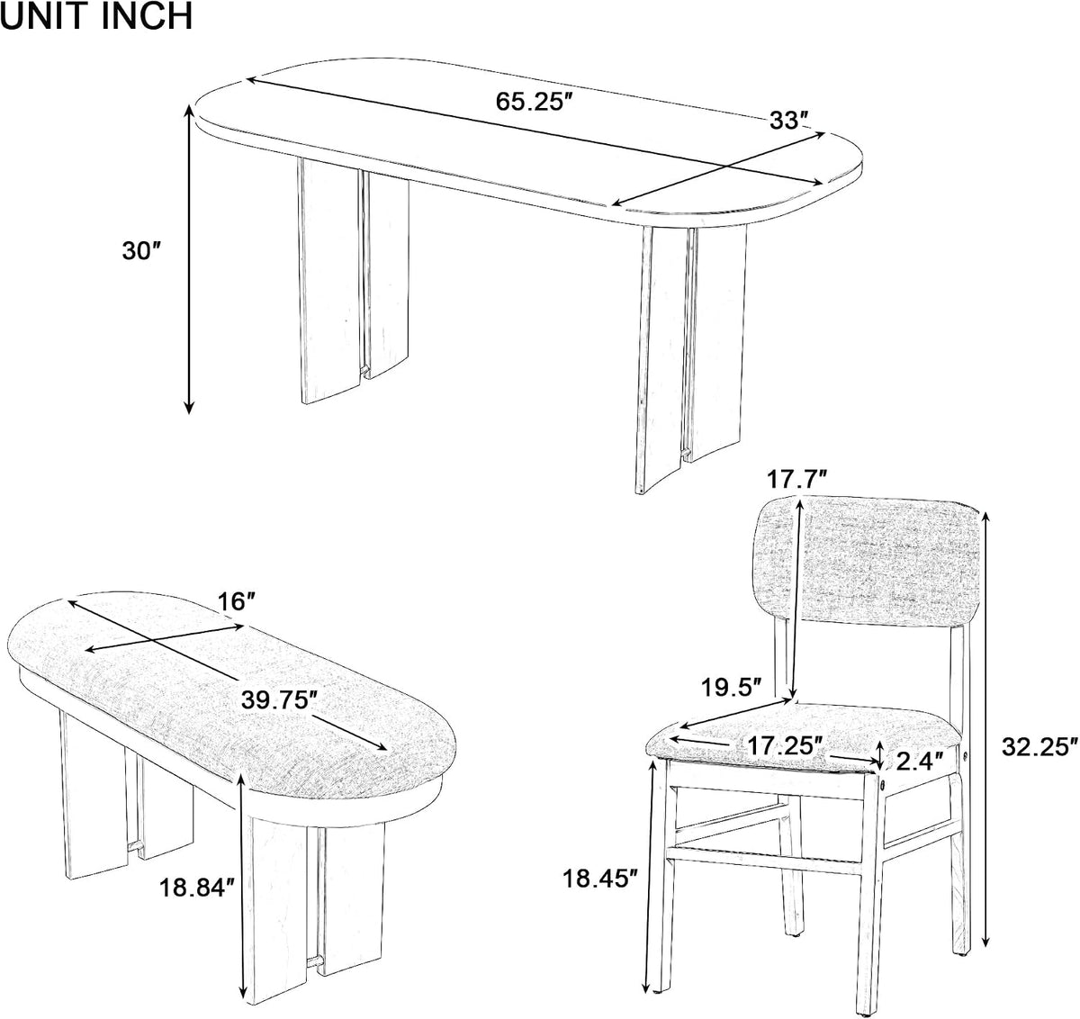 6 Pieces Wood Dining Table Set with Bench, Farmhouse Rectangular Table with 4 Upholstered Chairs & 1 Bench for Family Gatherings﻿ (Natural)