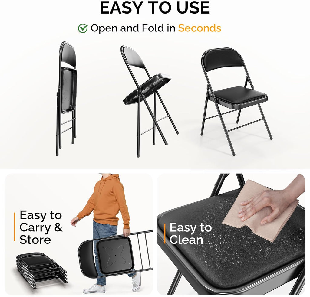 Bonnlo Folding Chair with Comfortable Padded Cushion and Back, Portable Folding Chairs for Outside, Office Events, Weddings, Pu Leather, 10 Black