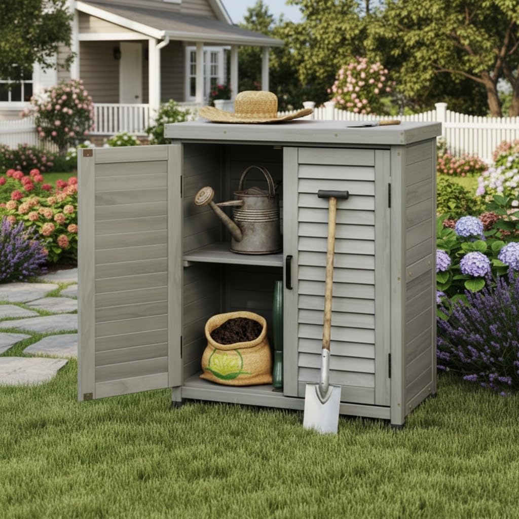 32" Solid Wood Storage Cabinet, Sideboard Cabinets with Metal Table Top, Living Room Organizer with Louvered Ventilation for Outdoor Patios, Grey