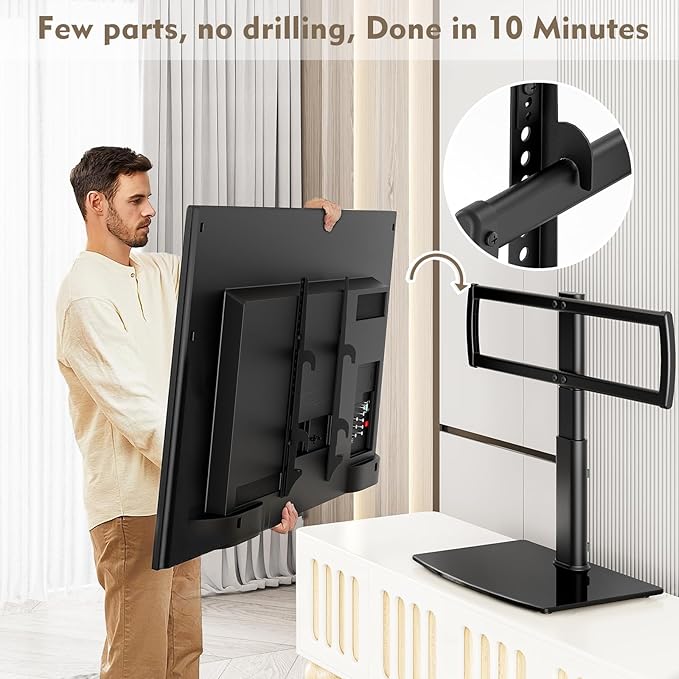 Universal Swivel TV Stand/Base Table Top TV Stand 32 to 65 inch TVs 80 Degree Swivel, 4 Level Height Adjustable, Heavy Duty Tempered Glass Base, Holds up to 88lbs Screens, HT04B-002