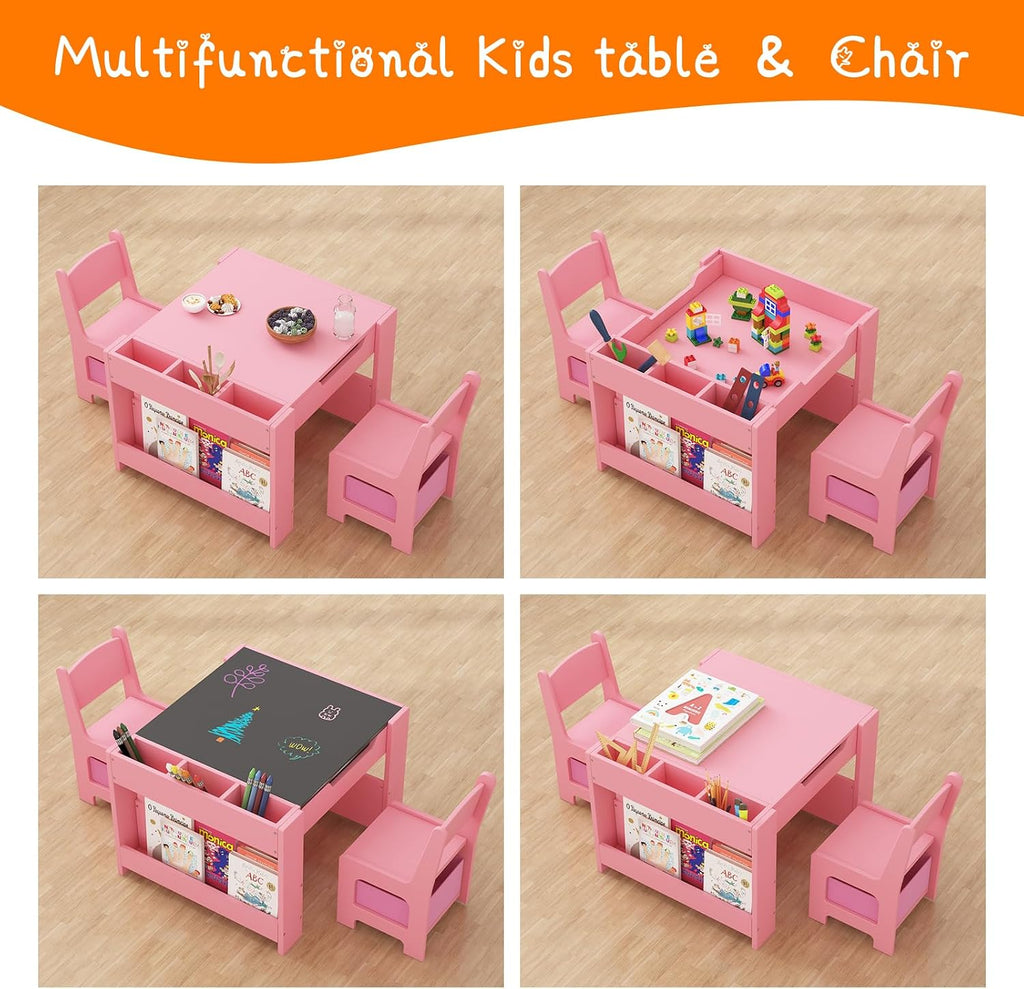 Kids Table and Chair Set - 4 in 1 Wooden Activity Table & 2 Chairs, Storage Drawer, Detachable Tabletop, for Drawing, Reading, Crafts, Art, Homework