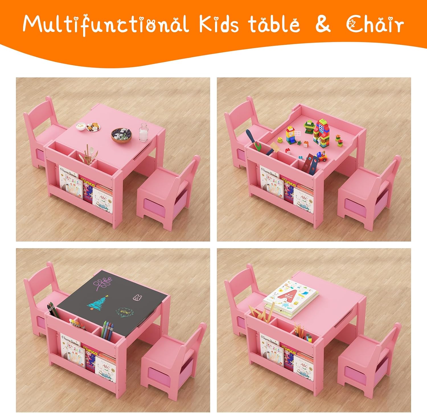 Kids Table and Chair Set - 4 in 1 Wooden Activity Table & 2 Chairs, Storage Drawer, Detachable Tabletop, for Drawing, Reading, Crafts, Art, Homework