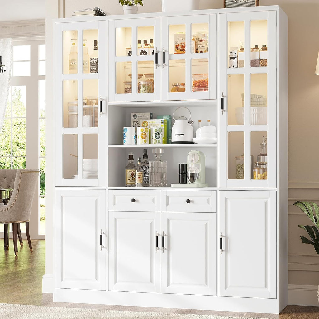 MEISSALIVVE Kitchen Pantry Storage Cabinet with LED Lights, 78.7" Tall with Glass Doors & Drawers, Freestanding Utility Cabinet, White (63" W x 15.7" D)