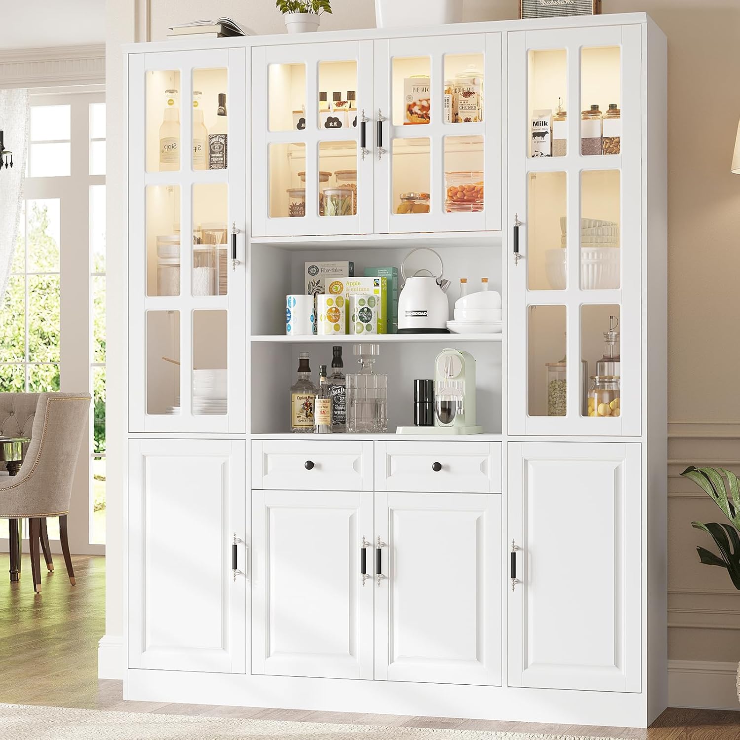 MEISSALIVVE Kitchen Pantry Storage Cabinet with LED Lights, 78.7" Tall with Glass Doors & Drawers, Freestanding Utility Cabinet, White (63" W x 15.7" D)