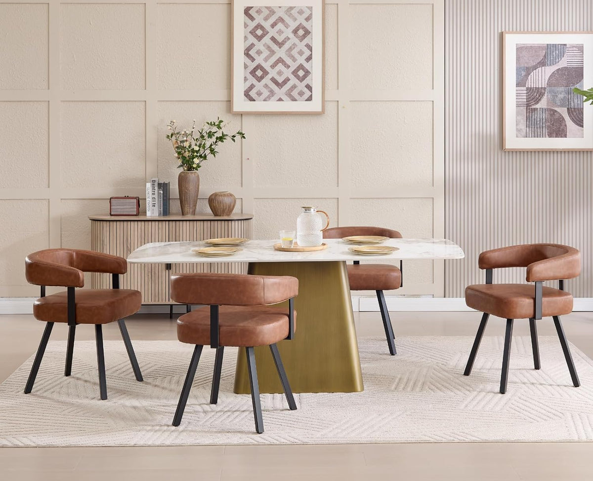 Shunzhi Brown Upholstered Leather Dining Chairs Set of 6 Modern Barrel Dining Room Chairs Comfy Kitchen Chairs Armless PU Side Chair with Curved Back for Living Room/Restaurant