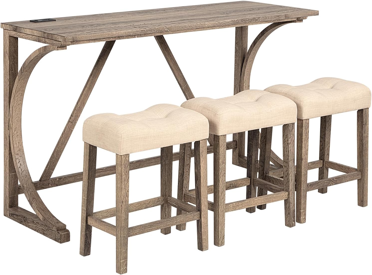 4-Piece Bar Table Set with Power Outlet, Dining Table and Chairs Set with 3 Padded Stools for Living Room/Dining Room/Game Room, Brown