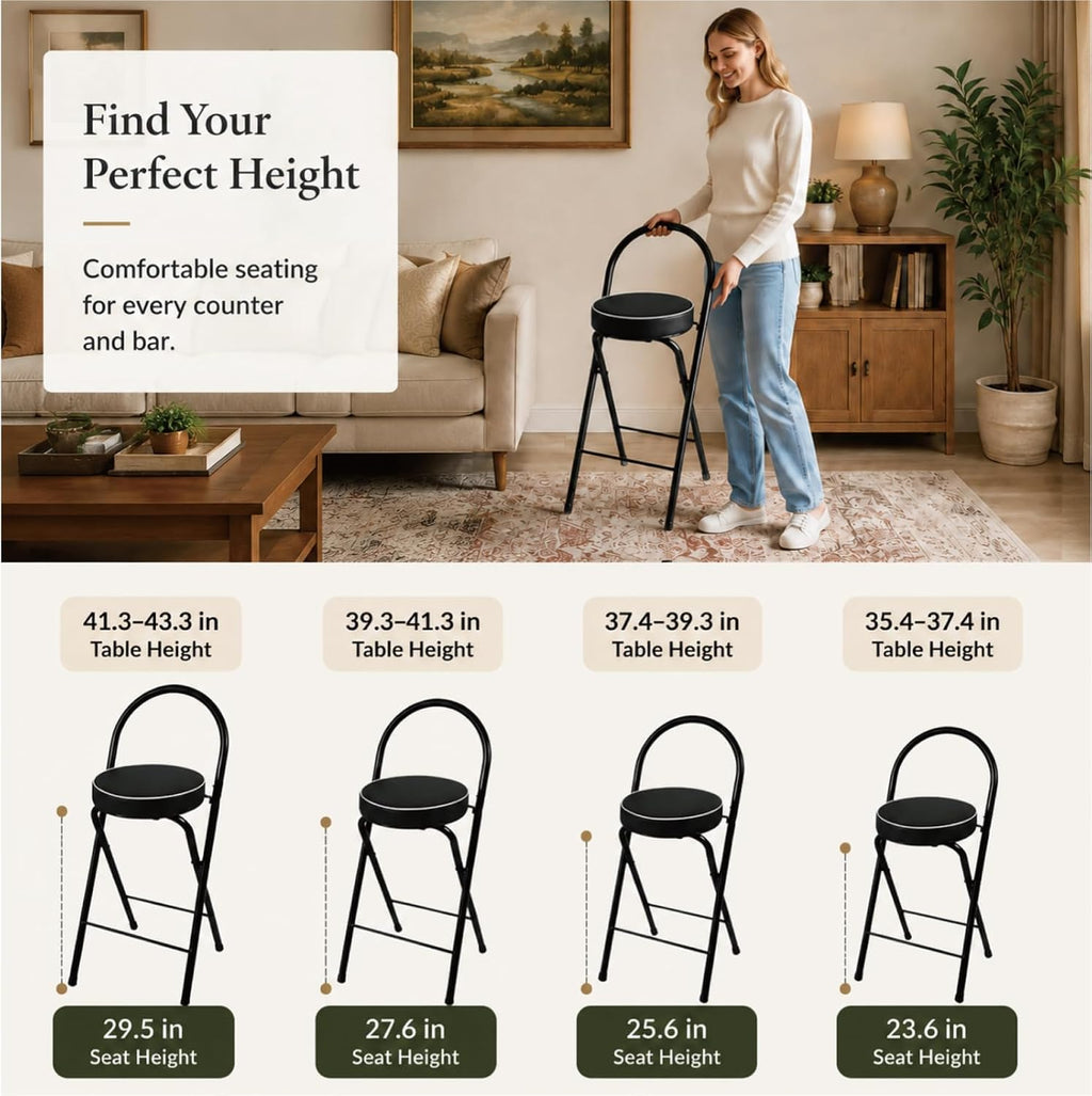 Folding Bar Stool with Backrest Counter Height Chair Padded Seat Cushion Space Saving Foldable Stool for Kitchen Island Extra Portable Indoor Seating(Black,25.6" Seat Height (65cm))