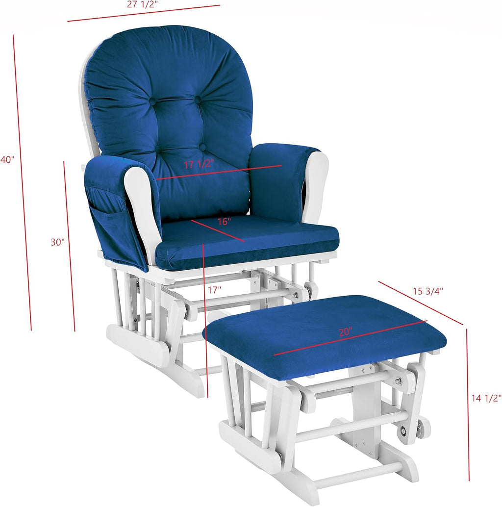 Glider and Ottoman White Wood and Navy Fabric
