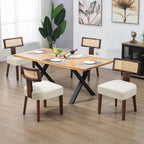 Rattan Dining Chairs Set of 2, Farmhouse Kitchen Chair with Cane Back & Wood Frame in Walnut Finish, Beige Linen Upholstered