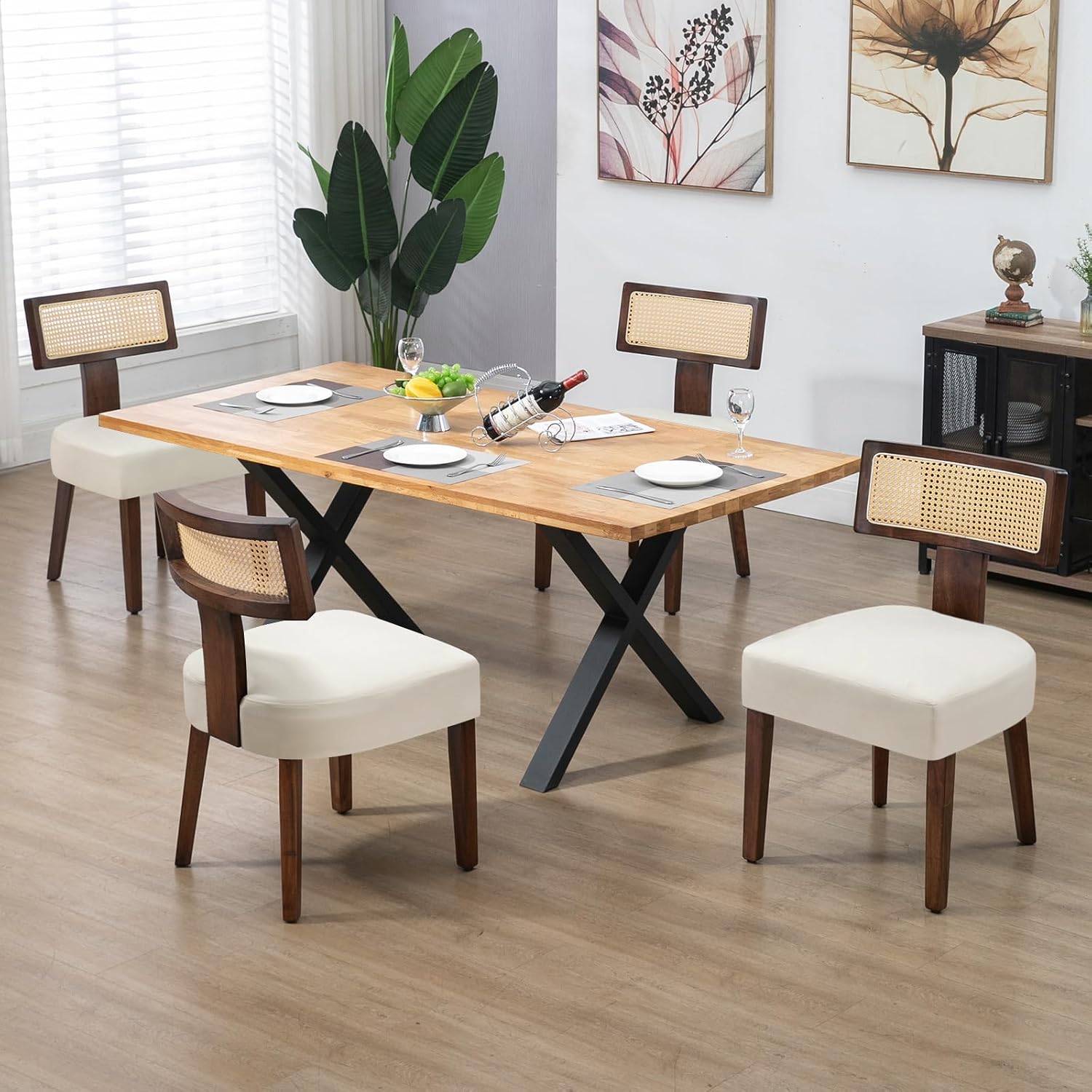 Rattan Dining Chairs Set of 2, Farmhouse Kitchen Chair with Cane Back & Wood Frame in Walnut Finish, Beige Linen Upholstered