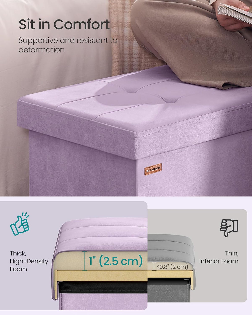 SONGMICS Foldable Storage Ottoman with Flipping Lid, 30 Inch Velvet Bench | Coffee Table, Folding Storage Bench for Bedroom, Entryway Shoe Bench, Hibiscus Purple, ISLAND Collection ULSF048PE01