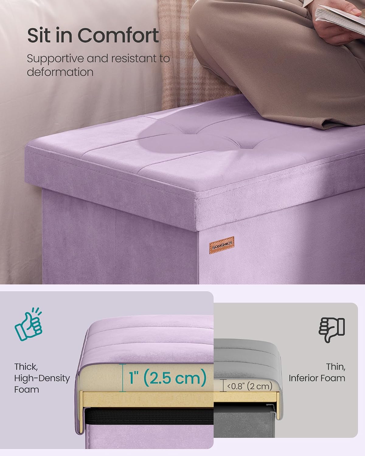 SONGMICS Foldable Storage Ottoman with Flipping Lid, 30 Inch Velvet Bench | Coffee Table, Folding Storage Bench for Bedroom, Entryway Shoe Bench, Hibiscus Purple, ISLAND Collection ULSF048PE01