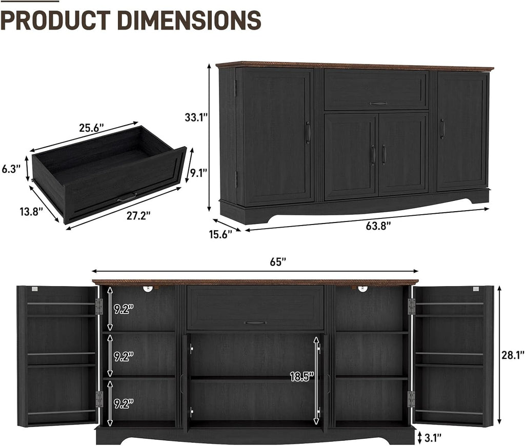 65" Sideboard Buffet Cabinet with Storage, Farmhouse Kitchen Pantries Sideboard Cabinets with Drawer, Wood Coffee Bar Cabinet with Adjustable Shelves, Storage Cabinets for Kitchen, Black
