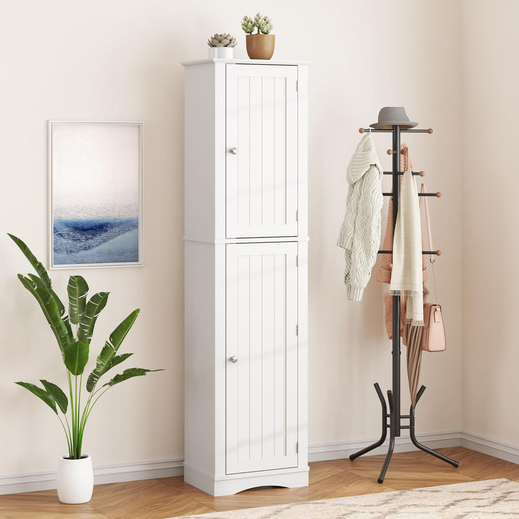 Function Home Tall Bathroom Storage Cabinet, 64" Slim Kitchen Pantry with Door Storage, Narrow Wood Freestanding Cabinets with Adjustable Shelves for Kitchen Living Room Dining Room, White