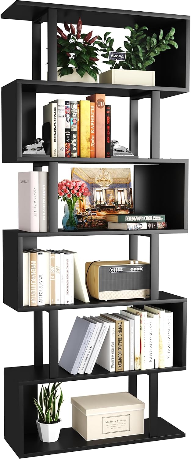 Yusong Geometric Bookcase, S Shaped Bookshelf 6-Tier Book Shelves for Bedroom, Modern Wood Decorative Display Shelf Tall Book Case for Home Office, Black and White