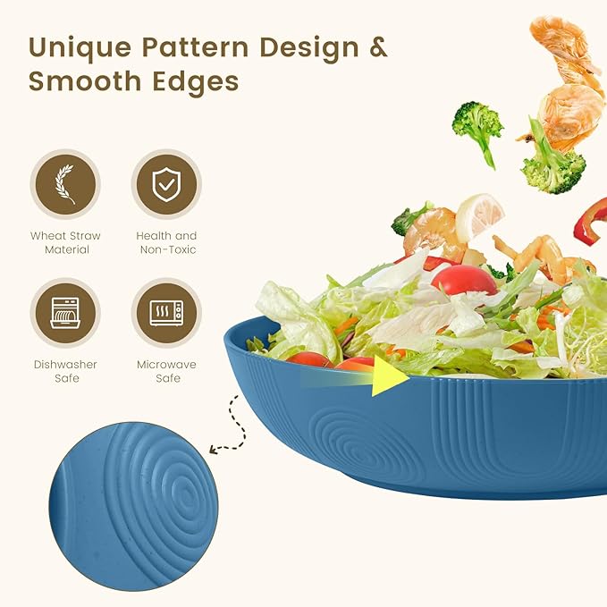 Homienly Large Wheat Straw Salad Bowls - Set of 6, 65 OZ, 10 Inch, Microwave & Dishwasher Safe - Navy Blue