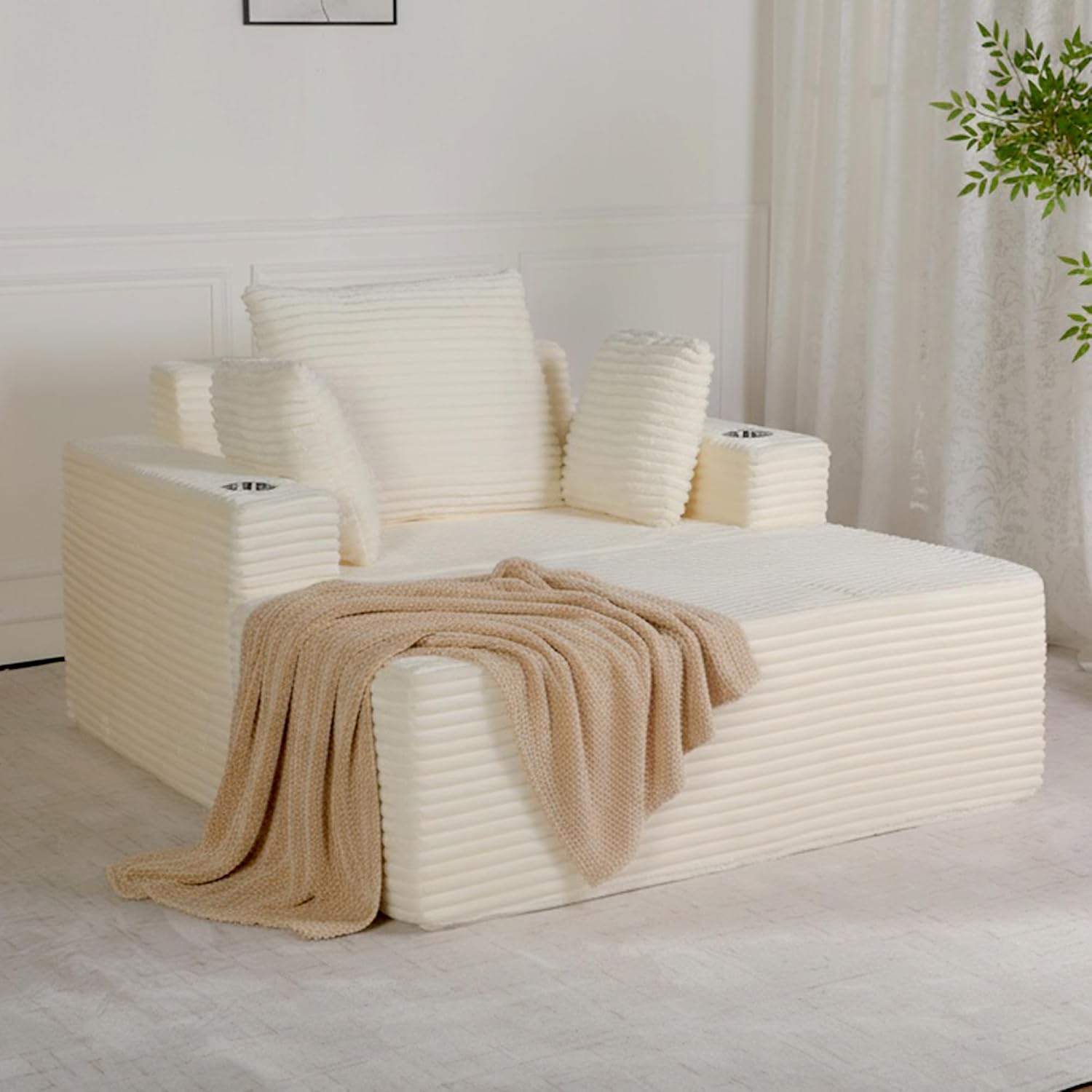 54"W Oversized Chaise Lounge Chair Indoor, Chaise Lounge Couch, Convertible Comfy Reading Chairs, Corduroy Sleeper Chair Couches for Living Room, Compression Sofa with Ottoman, Beige