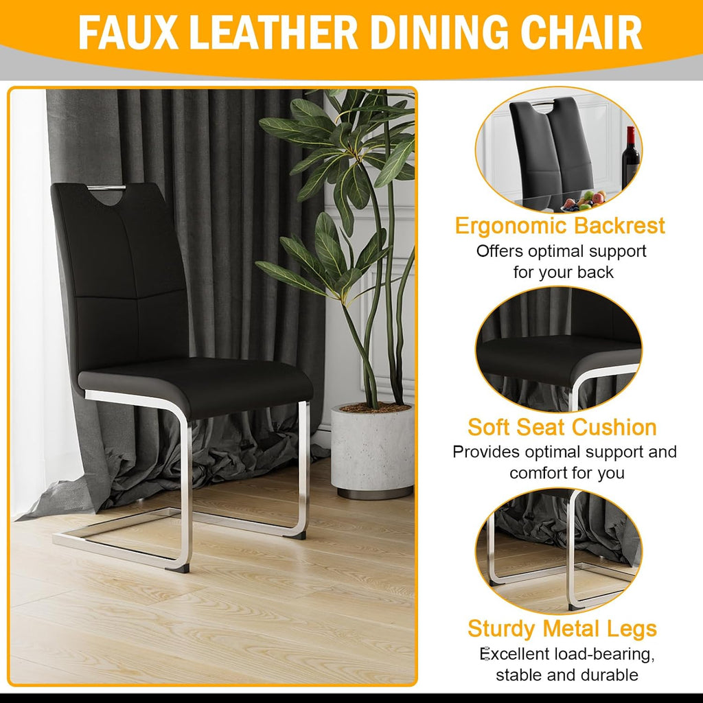 Faux Marble Dining Table Set for 6, Modern Kitchen Table Chairs Set 6, 70" Faux Marble Table with Silver Stainless Steel Leg, 6 Black Leather Chairs, 7 Piece Dining Set for Kitchen Living Dining Room
