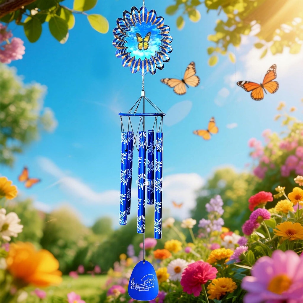 33" Memorial Wind Chimes Outside | Deep Tone Sympathy Windchime with Animated Butterfly Spinner, Rust-Resistant Garden Decoration, Gift for Women/Mom/Wife/Grandma/Housewarming