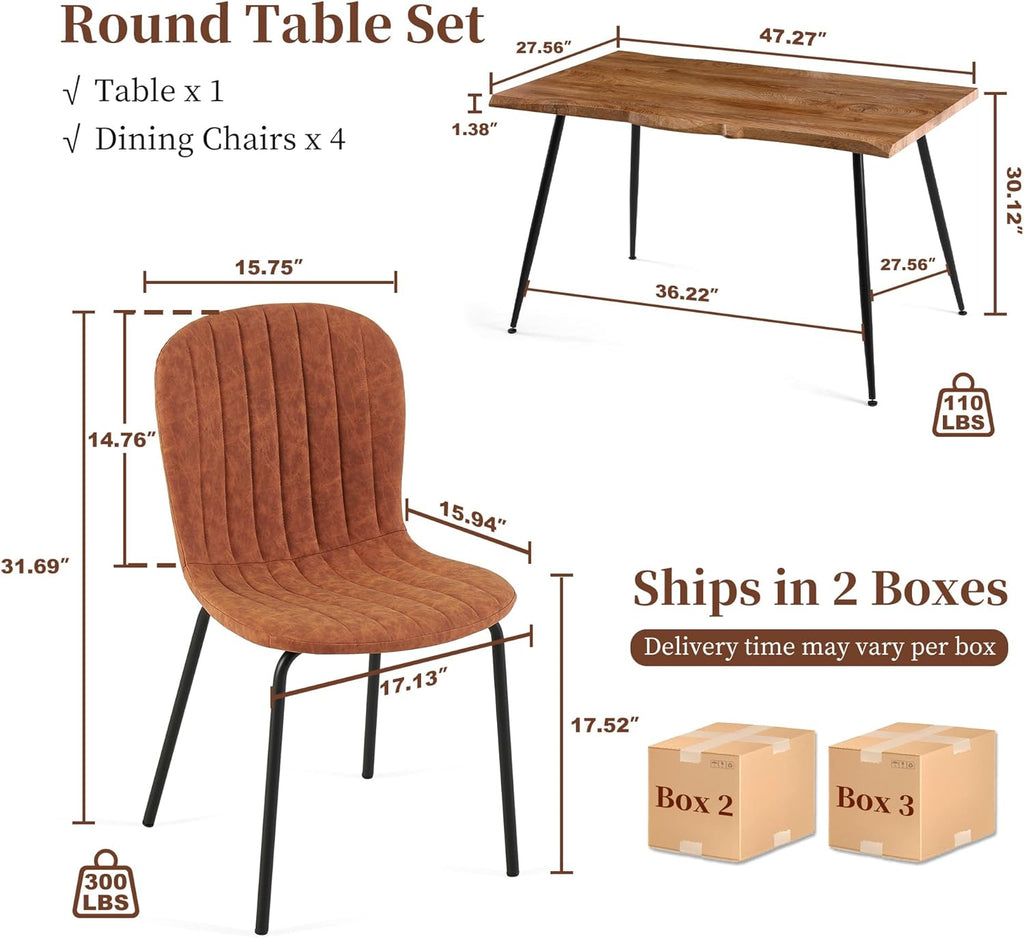 Dining Table Set for 4 with Brown PU Leather Chairs, Mid-Century Modern Rectangle Coffee Table,Kitchen Table and Chairs Set of 4, Perfect for Small Apartment, Home, Dining Room, Breakfast Nook