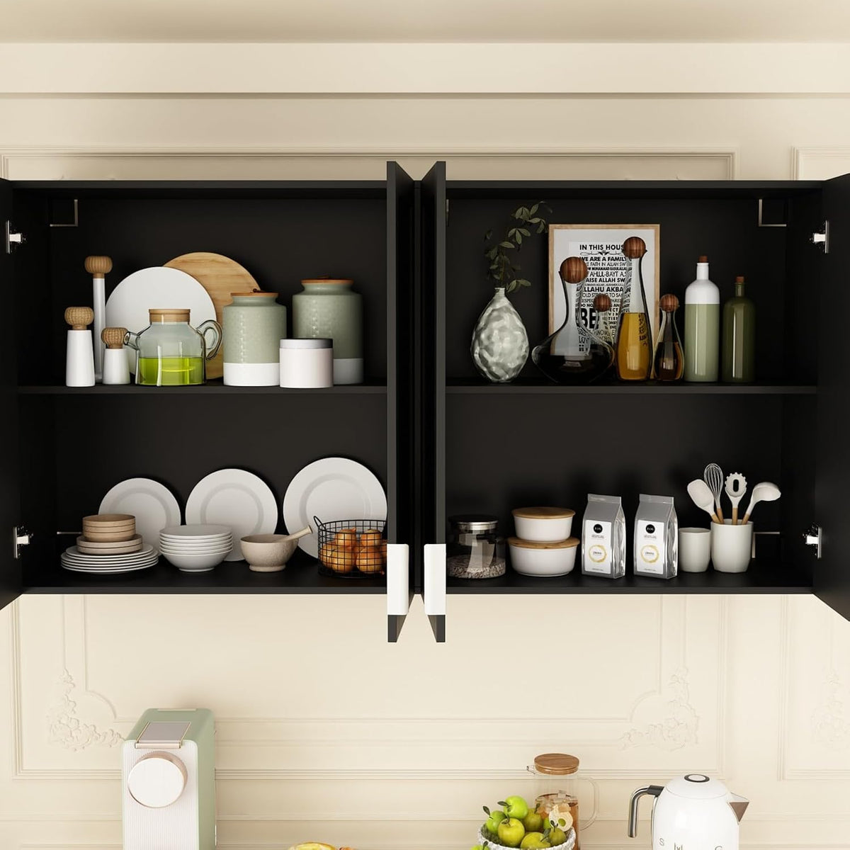 Kitchen Cabinet Set with 5 Drawers and Shelves, Wall-Mounted Pantry Cabinet Set with Doors & Countertop, for Kitchen Storage Black and Oak