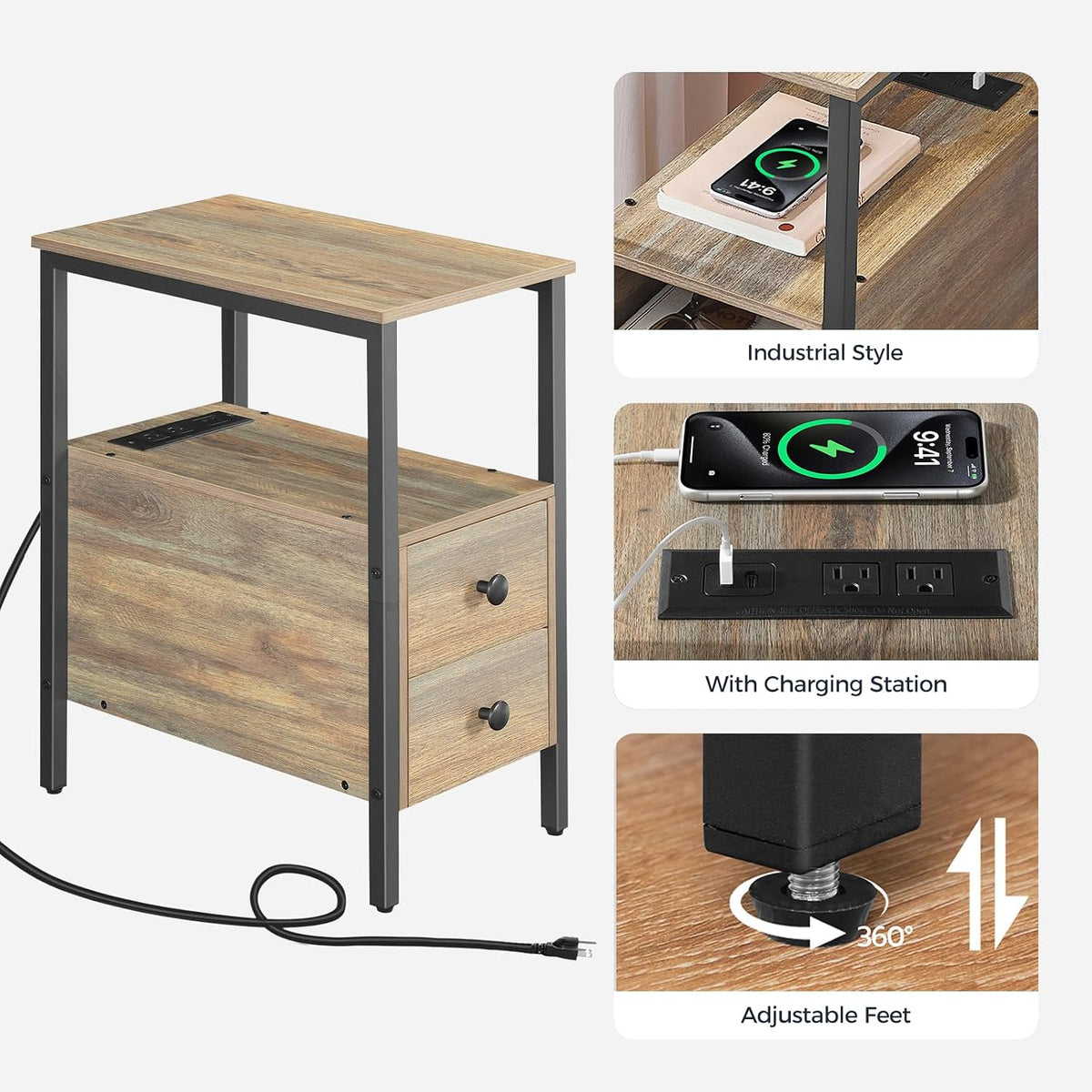 HOOBRO End Table with Charging Station, Narrow Side Table with 2 Drawer & USB Ports & Power Outlets, Nightstand for Small Spaces, for Living Room, Bedroom, Sapphire Brown UC541BZ01