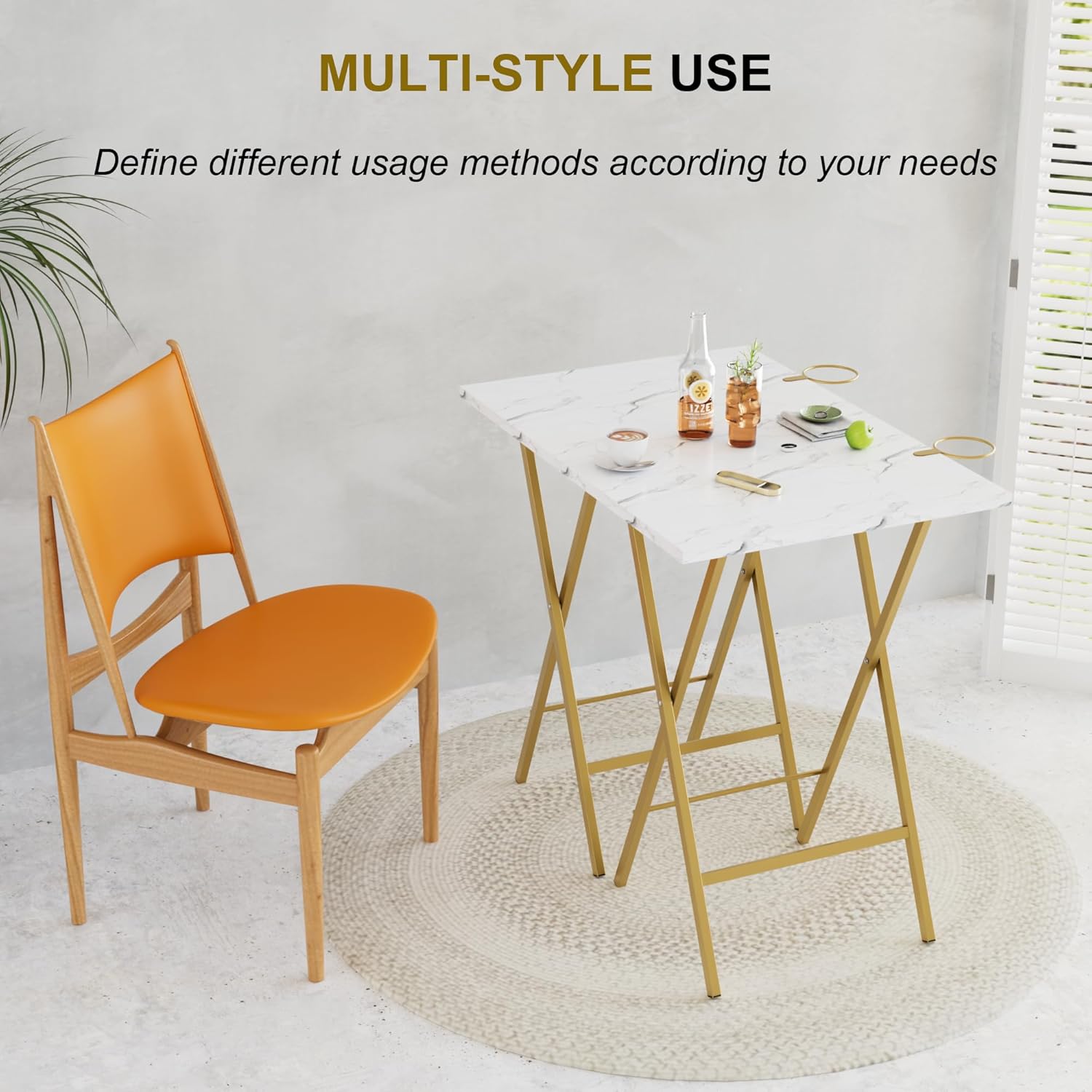 VECELO Folding TV Tray for Eating Set of 2, Portable Dinner/Snack Table with Cup Holder for Couch, Living Room and Small Space, Gold