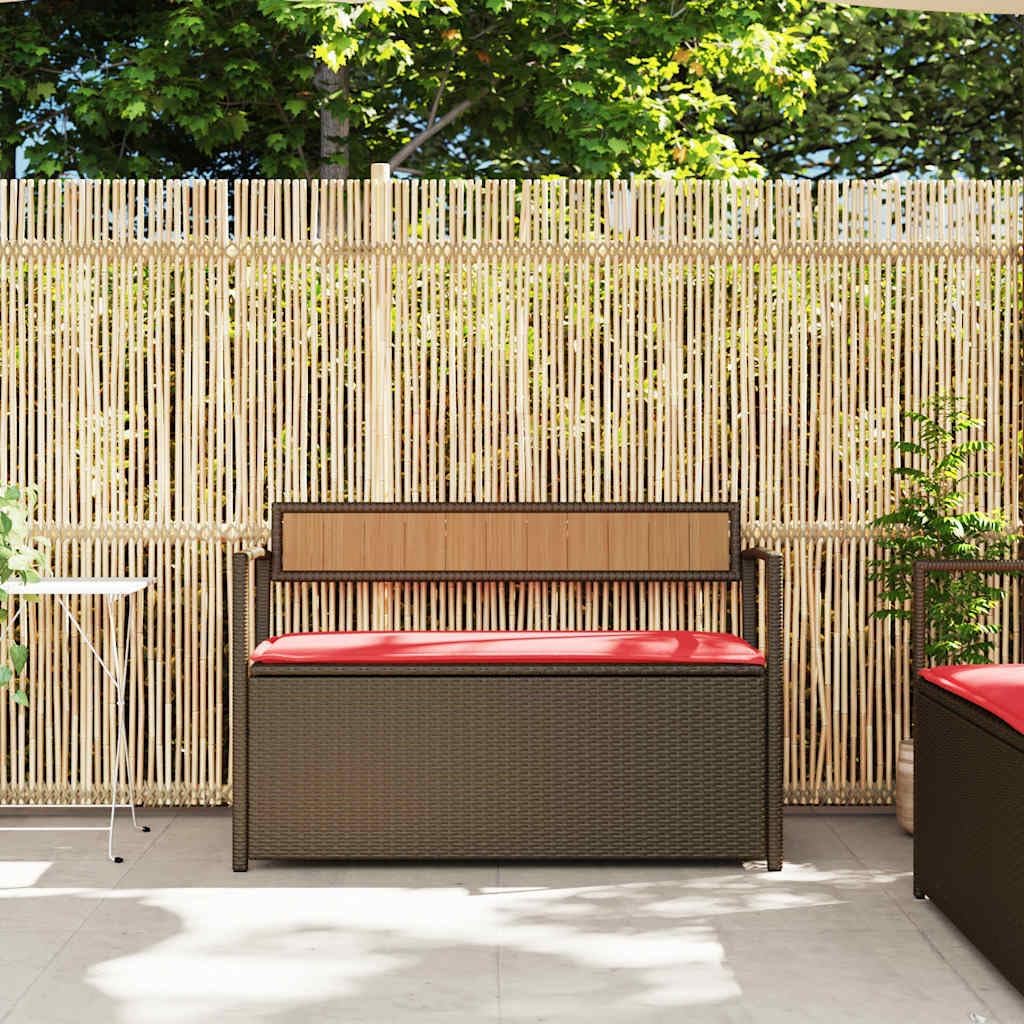Brown Poly Rattan Patio Storage Bench with Cushion, Outdoor Seat with Waterproof Storage Bag and Gas Spring Lid