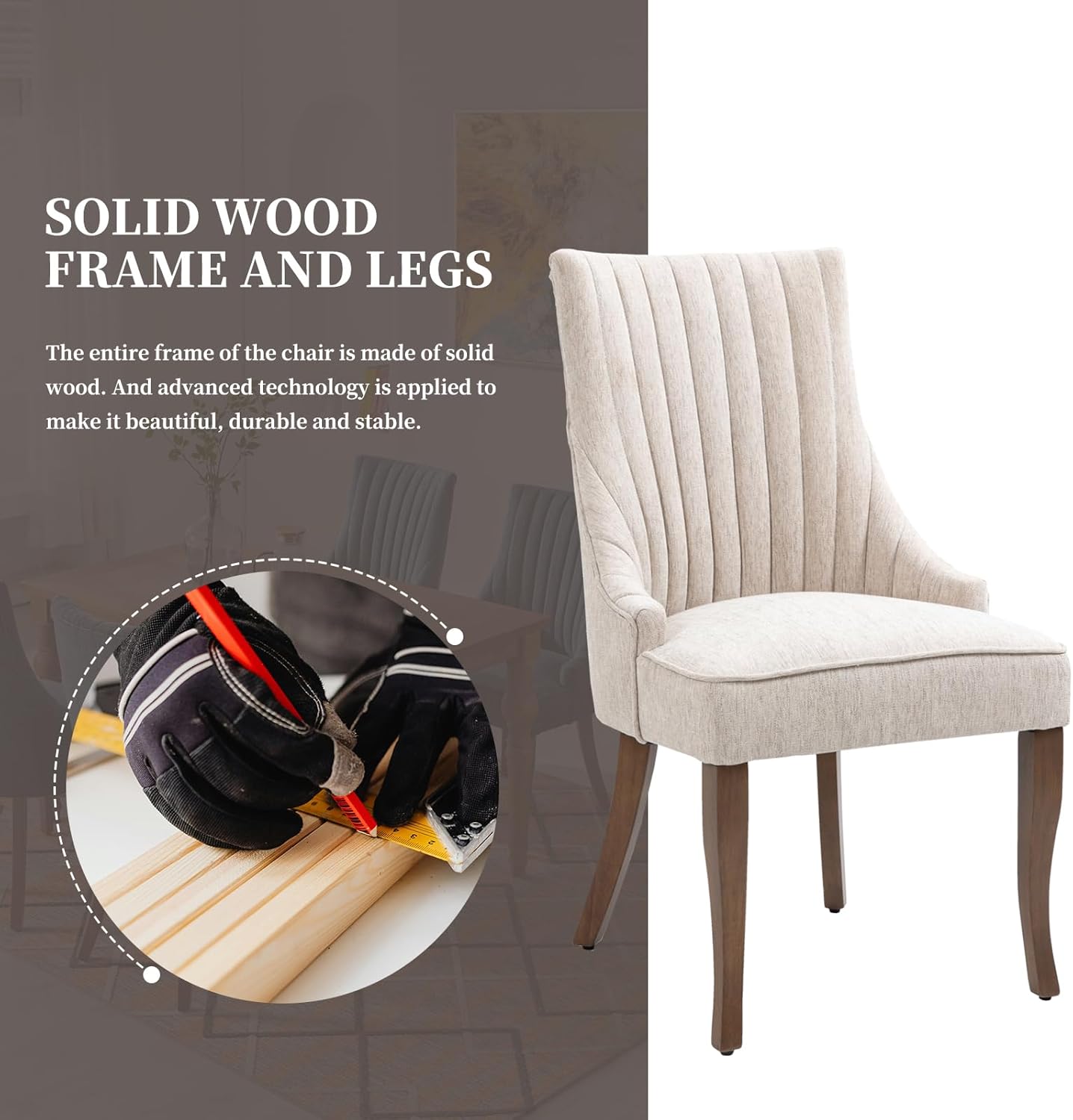 Linen Kitchen and Dining Chairs Set of 2, Channel Tufted Dining Room Chairs Comfy Fabric, Upholstered sillas for Dining Room with Solid Wood Legs
