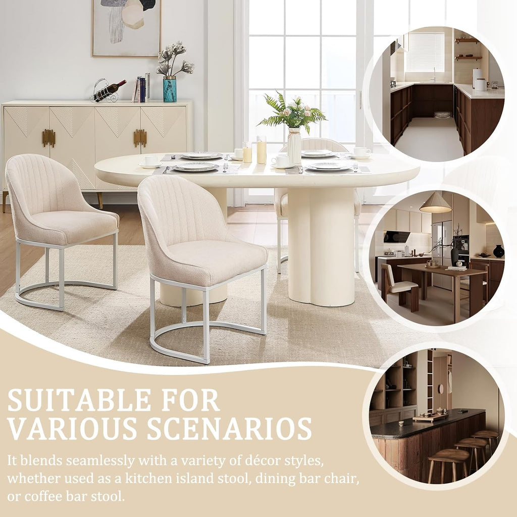 Linen Dining Chair Set of 4, Modern Upholstered Kitchen Chair with White Metal Legs, Kitchen & Dining Room Chairs for Restaurant/Bedroom/Living Room (Beige+White, Set of 4)