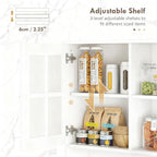 Oak+White Large Countertop Kitchen Pantry Cabinet, Freestanding Storage Cabinet with Hutch & Glass Doors, Adjustable Shelves Cabinet for Kitchen Living Room, 31.5x14.5x72 Inches