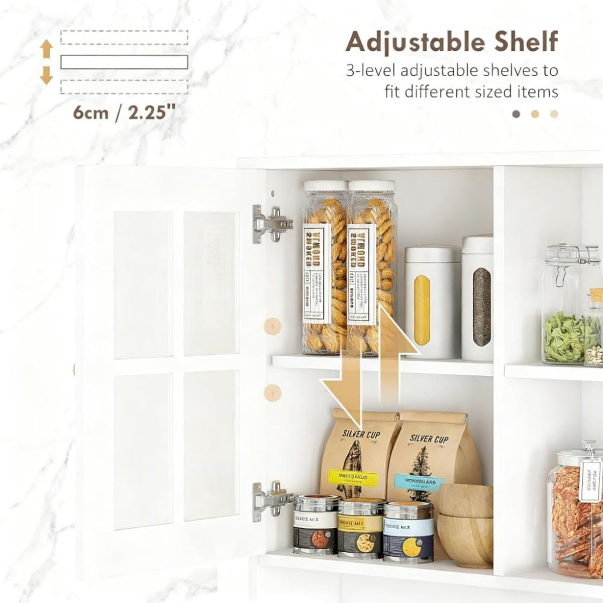Oak+White Large Countertop Kitchen Pantry Cabinet, Freestanding Storage Cabinet with Hutch & Glass Doors, Adjustable Shelves Cabinet for Kitchen Living Room, 31.5x14.5x72 Inches