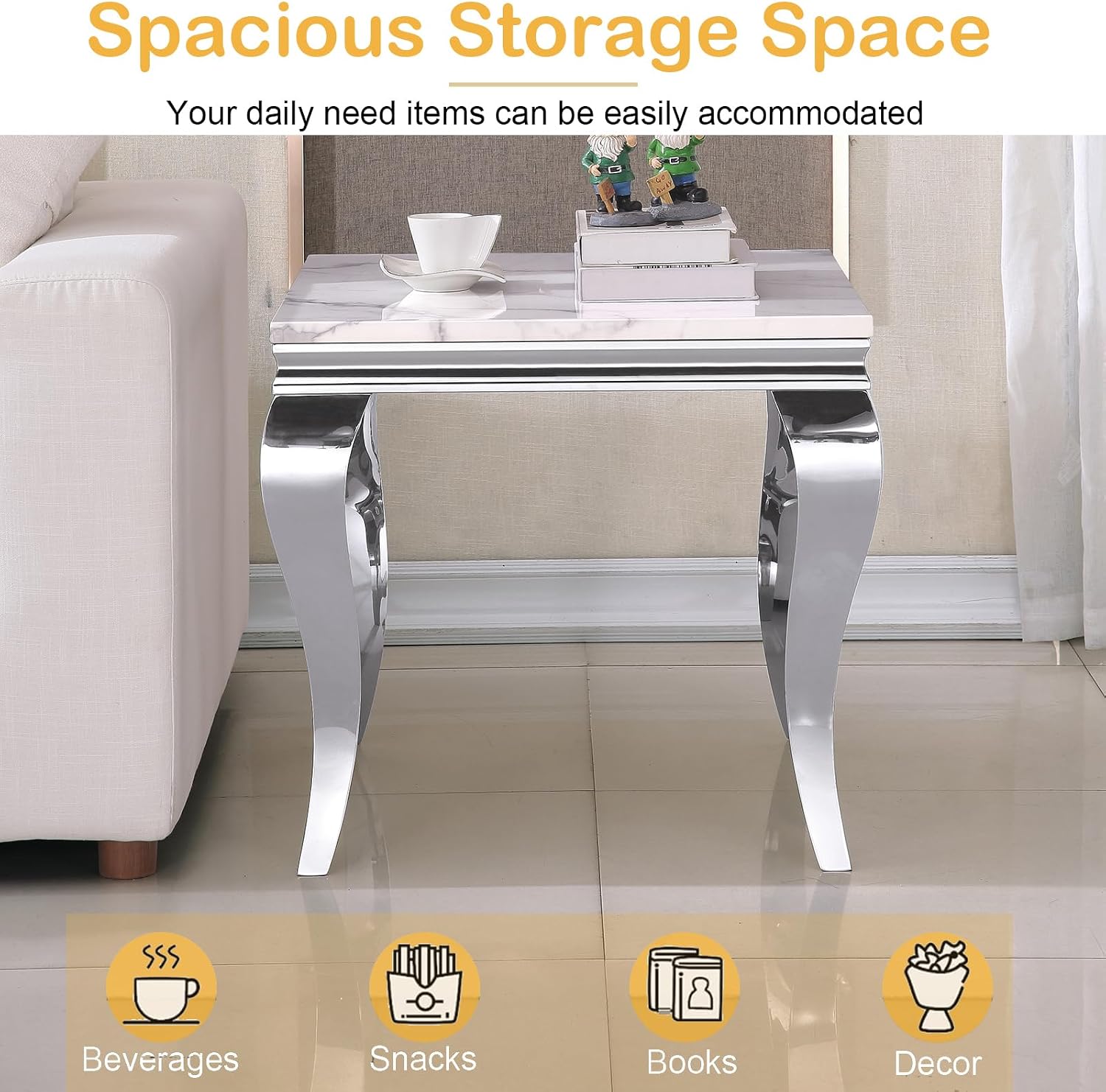Marble End Table, Modern White Faux Marble Sofa Side Table with Silver Stainless Steel Legs, Luxury Sqaure Accent Side Table Bedside Table Nightstand for Living Room Bedroom Office