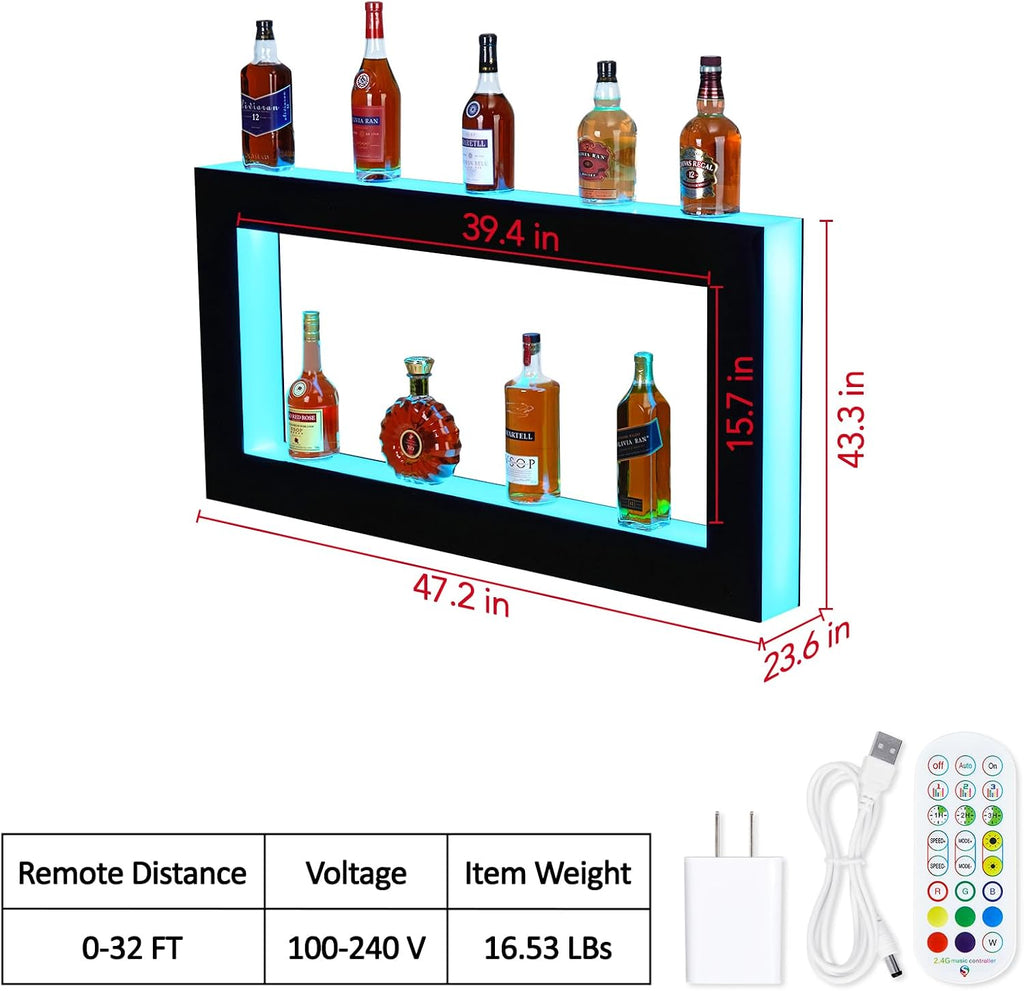 48 Inch LED Lighted Liquor Bottle Display Shelf, 2-Tier Acrylic Wall-Mounted Bar Rack with 16 RGB Lighting, 4 Modes, 1-8 Hour Timer, App & Remote Control, for Home Bar Wine and Liquor Storage