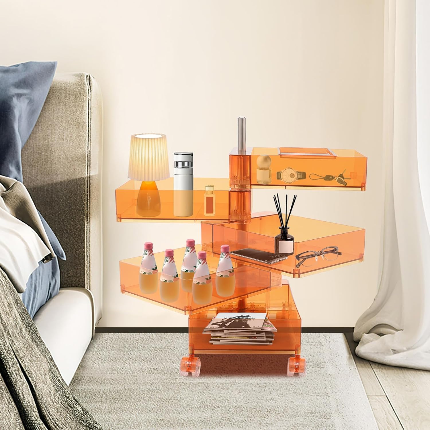 5 Tier Storage Cabinet, 360° Rotating Sofa Side Cabinet, Multi-Functional Rotating Side Table, Mobile Bedside Table, Portable Storage Organizer for Living Room Bedroom Office (Clear Orange)